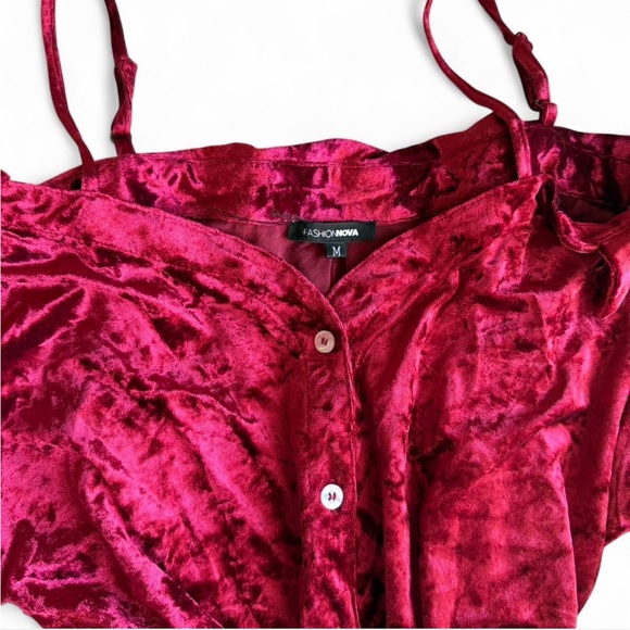 Red Velvet Off-Shoulder Button-Up Top - Picture 2 of 4